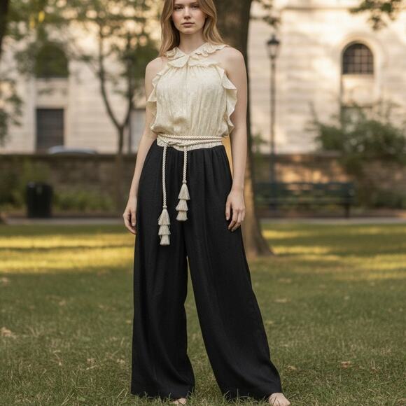 Rachel Zoe Pants - Rachel Zoe Ivory Black Halter Jumpsuit SZ 6 Ruffled Slraps Silk Tassled Tie NWT